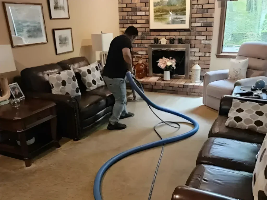 Technician steam cleaning wall-to-wall carpet in a Long Island living room